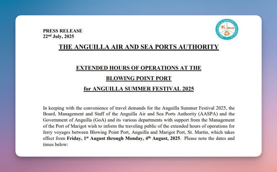AASPA Announces Extended Ferry Hours for Anguilla Summer Festival 2025