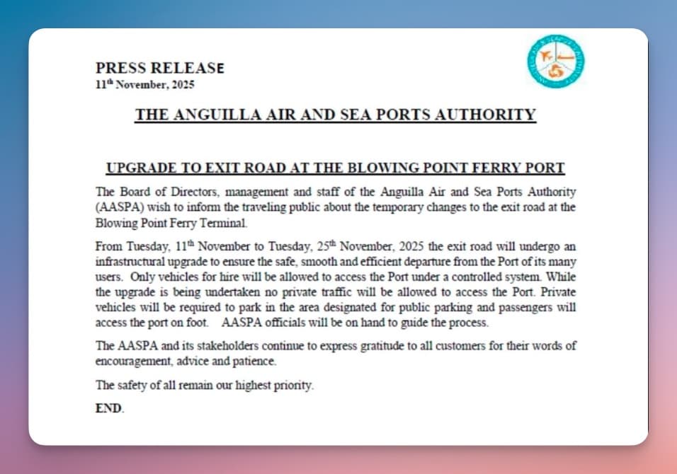 AASPA Announces Upgrade to Exit Road at the Blowing Point Ferry Port
