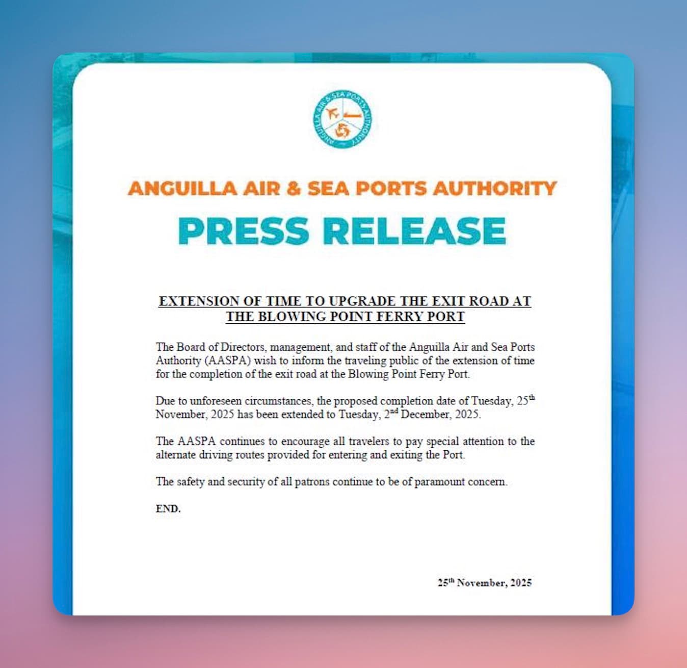 AASPA Announces Extension of Time to Upgrade the Exit Road at the Blowing Point Ferry Port